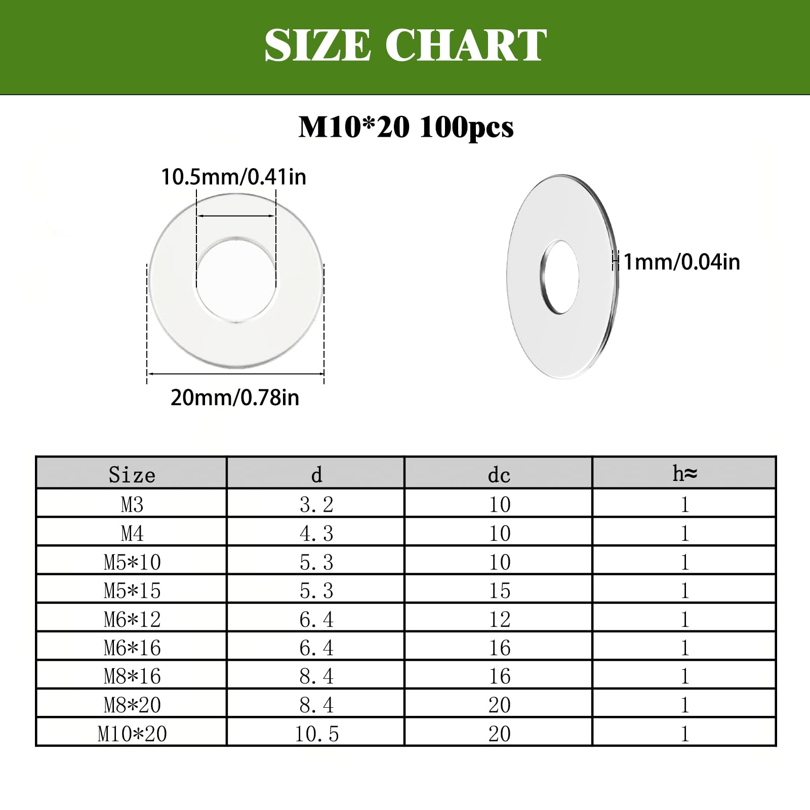 Hexizexi 100Pcs M10x20mm Washers for Screws Stainless Steel Washers Silver for Screws Nuts Bolts, M10x20mm 100pcs - Image 2
