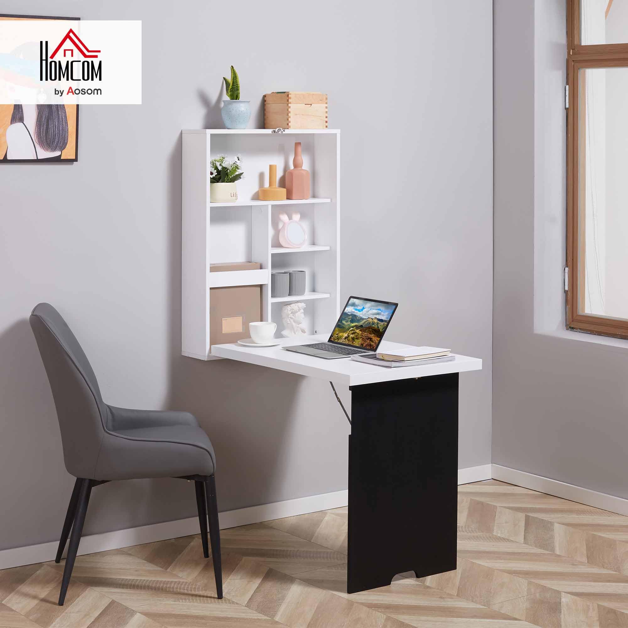 HOMCOM Schreibtisch Wandtisch Wandklapptisch mit Tafel, 5 Fächern, Klappschreibtisch Klappbarer Computertisch für Büro Weiß+Schwarz 60 x 94,5 x 147 cm