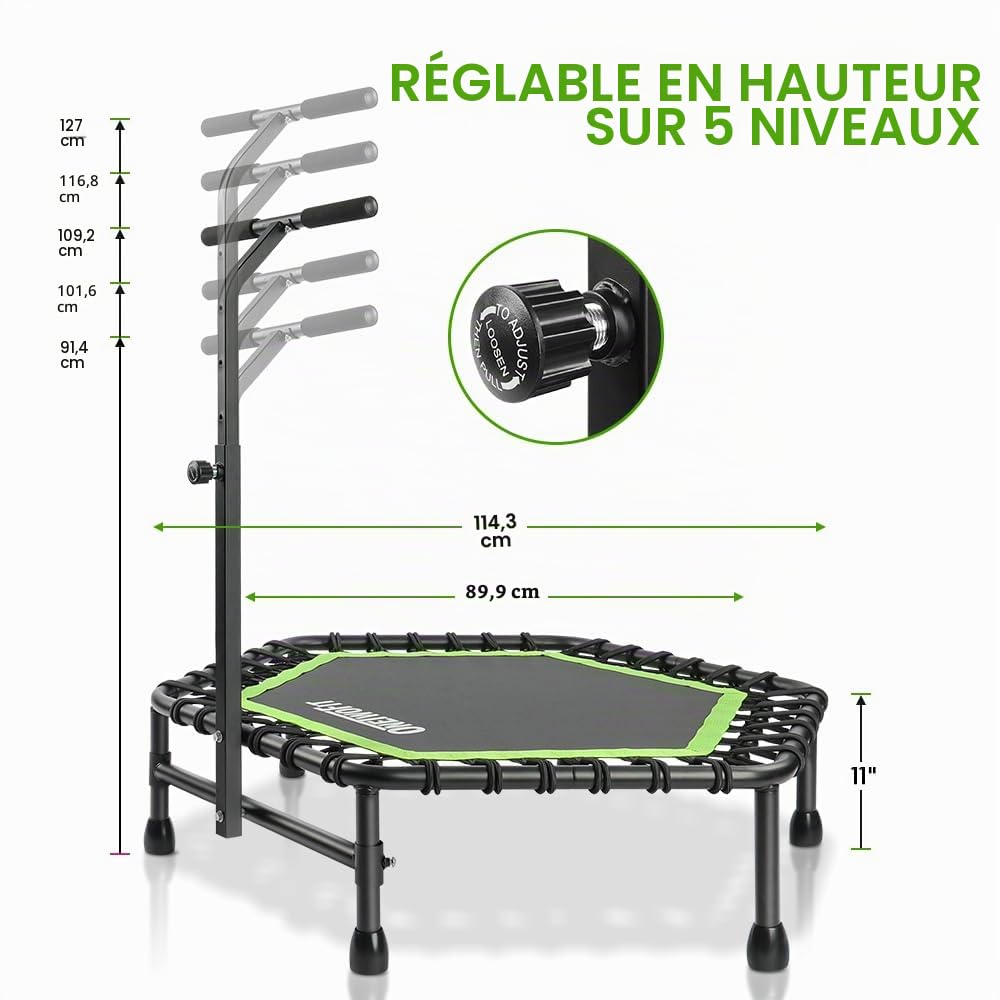 ONETWOFIT Trampoline à Rebond de 107/114cm pour Adultes, Mini Trampoline Silencieux pour Exercices en intérieur, Trampoline de Fitness avec Rebond Bungee