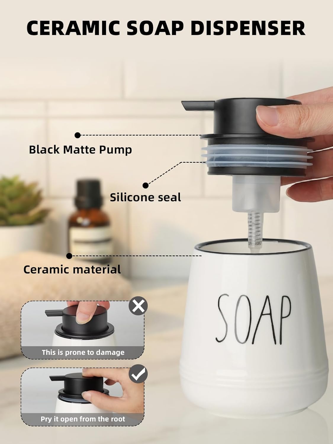 Ceramic Soap Dispenser Set, 13 oz Refillable Liquid Hand Wash Soap Dispenser, Lotion Hand Pump Dish Bottle for Bathroom and Kitchen, Set of 2 (Foam-Soap & Lotion)