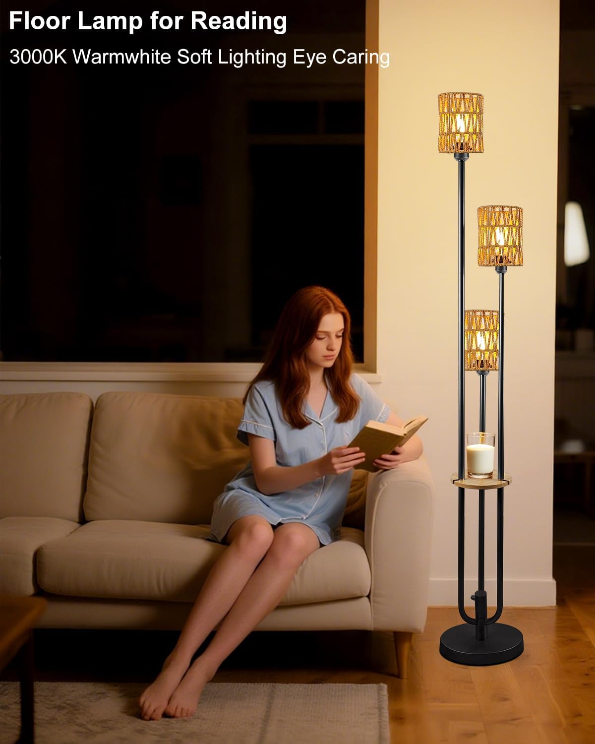 Lightdot Dimmable Boho Floor Lamps for Living Room, 3-Lights Rattan Floor Lamp with Shelves, 3000K Farmhouse Floor Lamp, Rustic Black Standing Lamp with Bulbs Included/Sofa Beside/Corner Decor