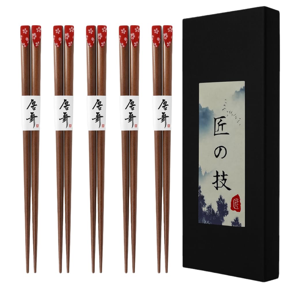 JapanBargain 4514, Bamboo Chopsticks Reusable Japanese Chinese Korean Wood Chop Sticks Hair Sticks 5 Pair Gift Boxed Set Dishwasher Safe, 9 inch (Red-Sakura)