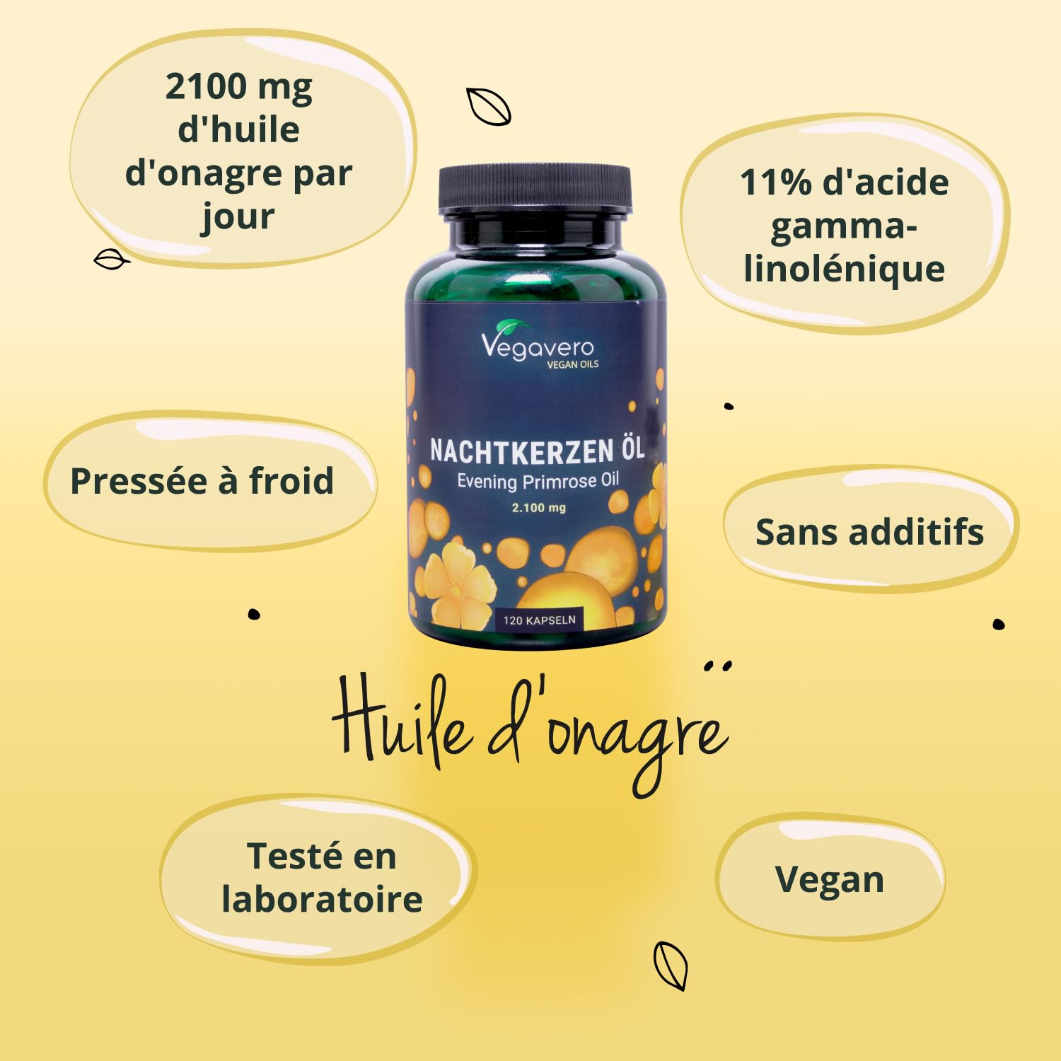 Huile Onagre 2100 mg | UNIQUE: Le Seul Vegan | Omega 6: 11% GLA | Pressé à Froid | 100% Naturel | Peau + Équilibre Hormonal | 120 Gélules | Vegavero®