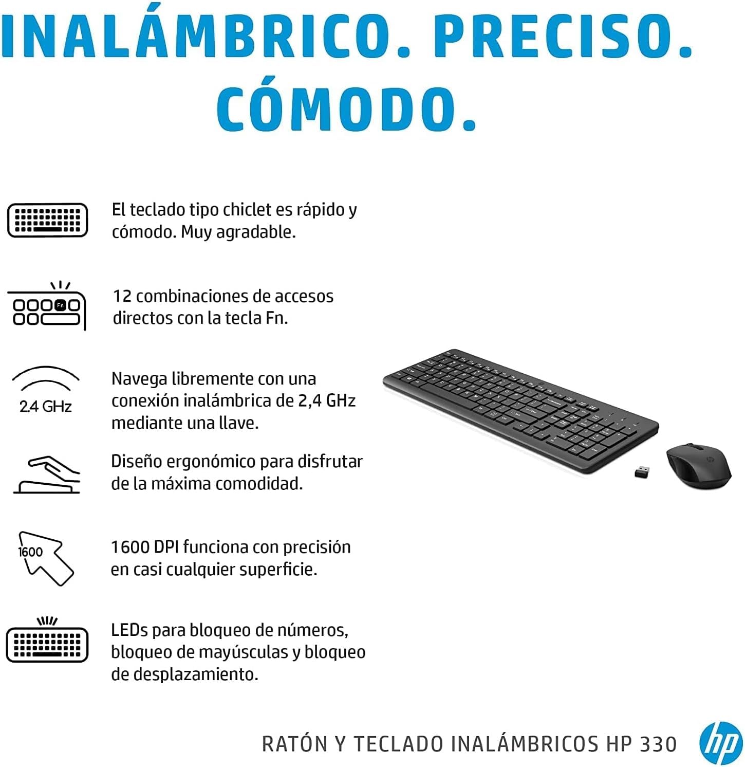 HP 330 Combo de Teclado y Ratón Inalámbricos - (1600 PPP, Puerto USB-A, Indicadores LED, Teclas con Atajos, Windows 10; Windows 11) QWERTY Español, Color Negro