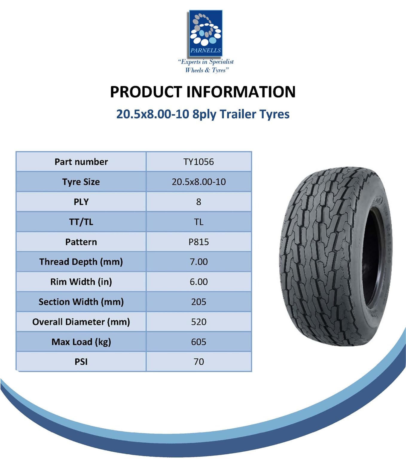 Parnells Ruote Complete per Rimorchio 20.5x8.0-10 Cerchio in Acciaio PCD 4 Pollici 4 Prigionieri 8 Strati Carico 605 kg