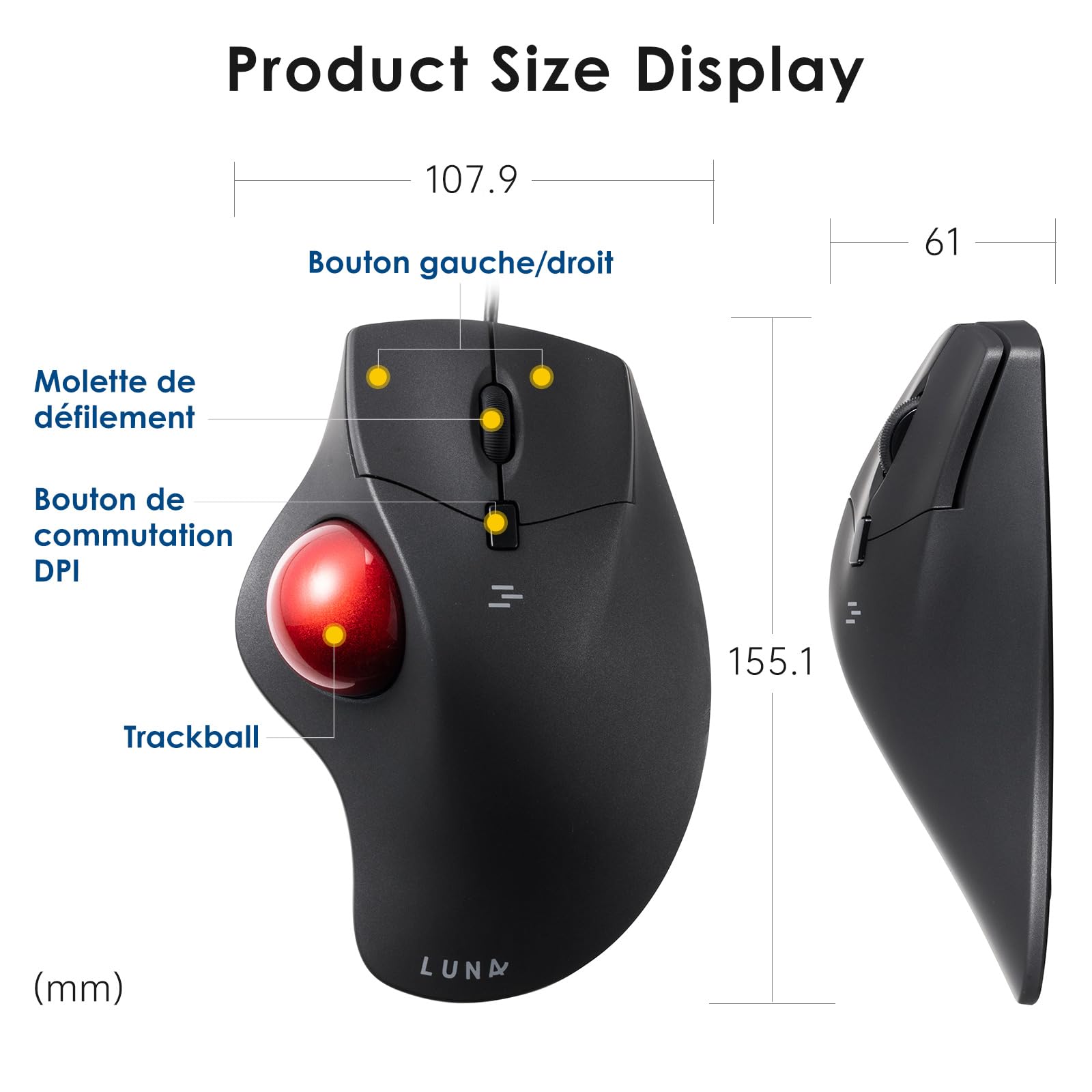 SANWA Souris Trackball Filaire, Boutons Silencieux Programmables, Contrôle du Pouce, 600/800/1200/1600 DPI, Suivi précis et Fluide, Compatible avec Mac, Laptop, Ordinateur, Windows, Noir