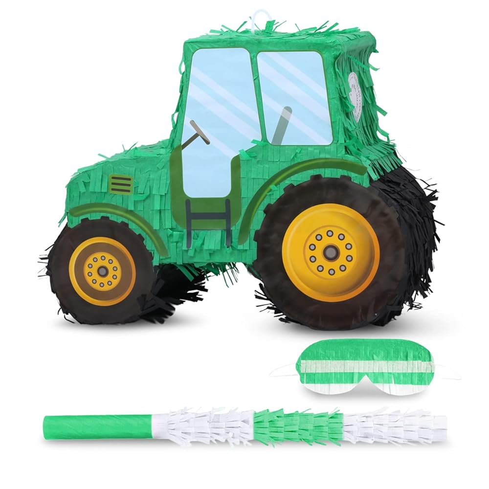 Birchio Tractor Pinata Bundle with a Blindfold and Bat(15.8 x 6.7 x 12 Inches), Kids Excavator Pinata for Construction Birthday Parties, Boys Birthday Party Supplies