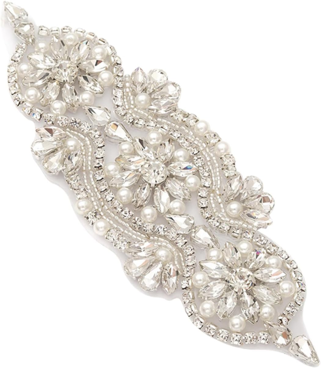 ARTIBETTER Rhinestone Pearl Applique for Wedding Accessories DIY Dress and Belt Decoration Adhesive Backed Sparkling Rhinestone Patch for Bridal Headbands and Crafts