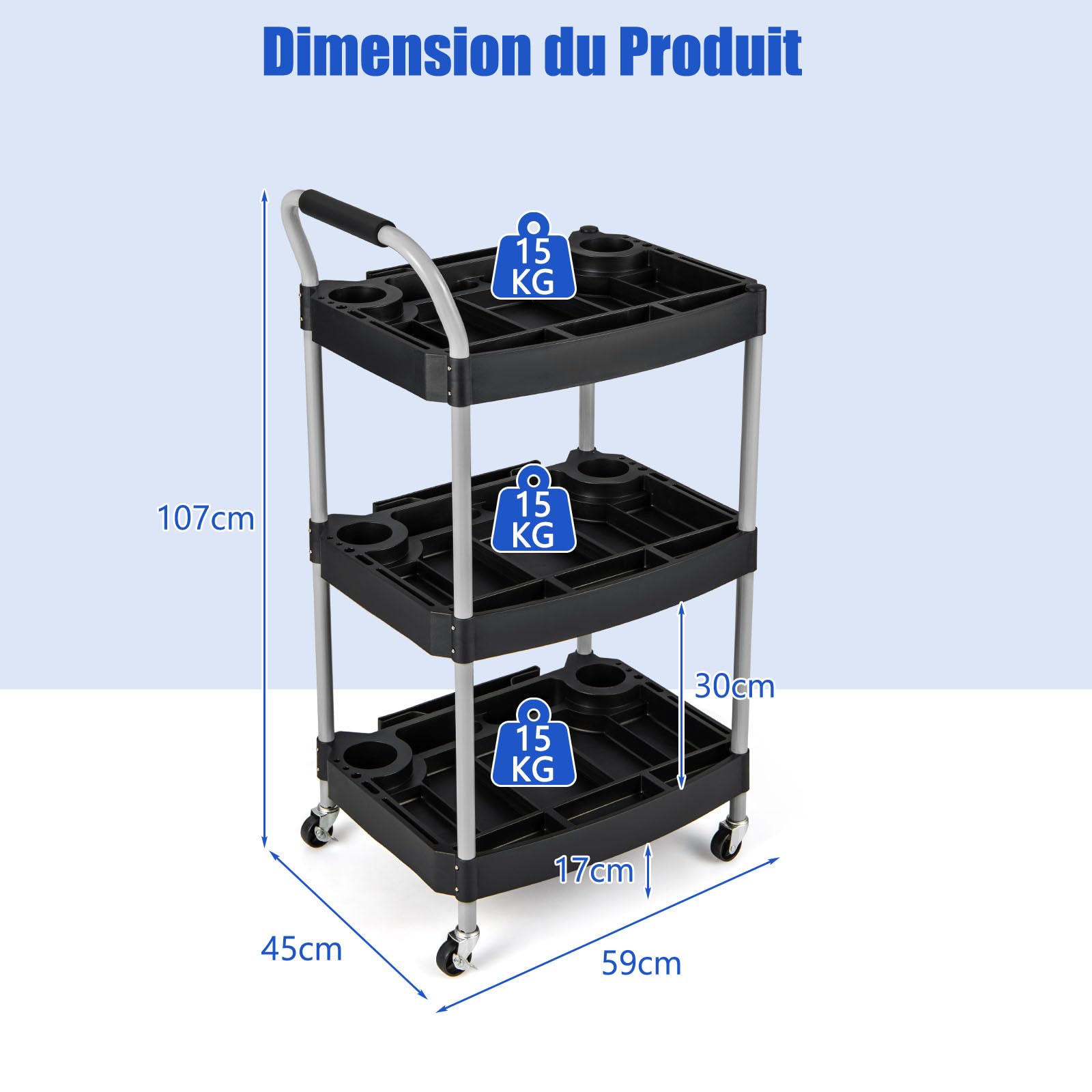 GYMAX Chariot de Rangement à roulettes 3 Niveaux, Cadre en Métal, Poignée Pratique, Organisateur pour Outils, Roues Universelles, pour Garage, Salon de Coiffure, Salon de Beauté, Atelier