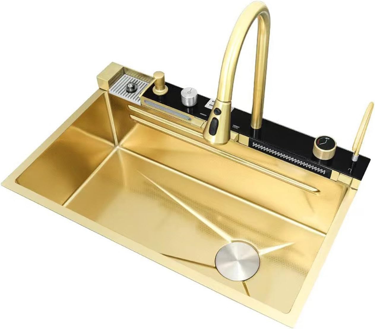 Évier Double Cascade avec Affichage LED, Lave-Tasses, Distributeur de Savon, mitigeur Cascade, Commandes sur Plan de Travail, etc. Poste de Travail pour évier de Cuisine.
