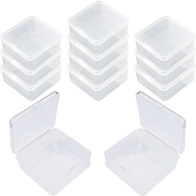 Goodma 12 Pieces Square Empty Mini Clear Plastic Organizer Storage Box Containers with Hinged Lids for Small Items and Other Craft Projects (95 x 95 x 35 mm)