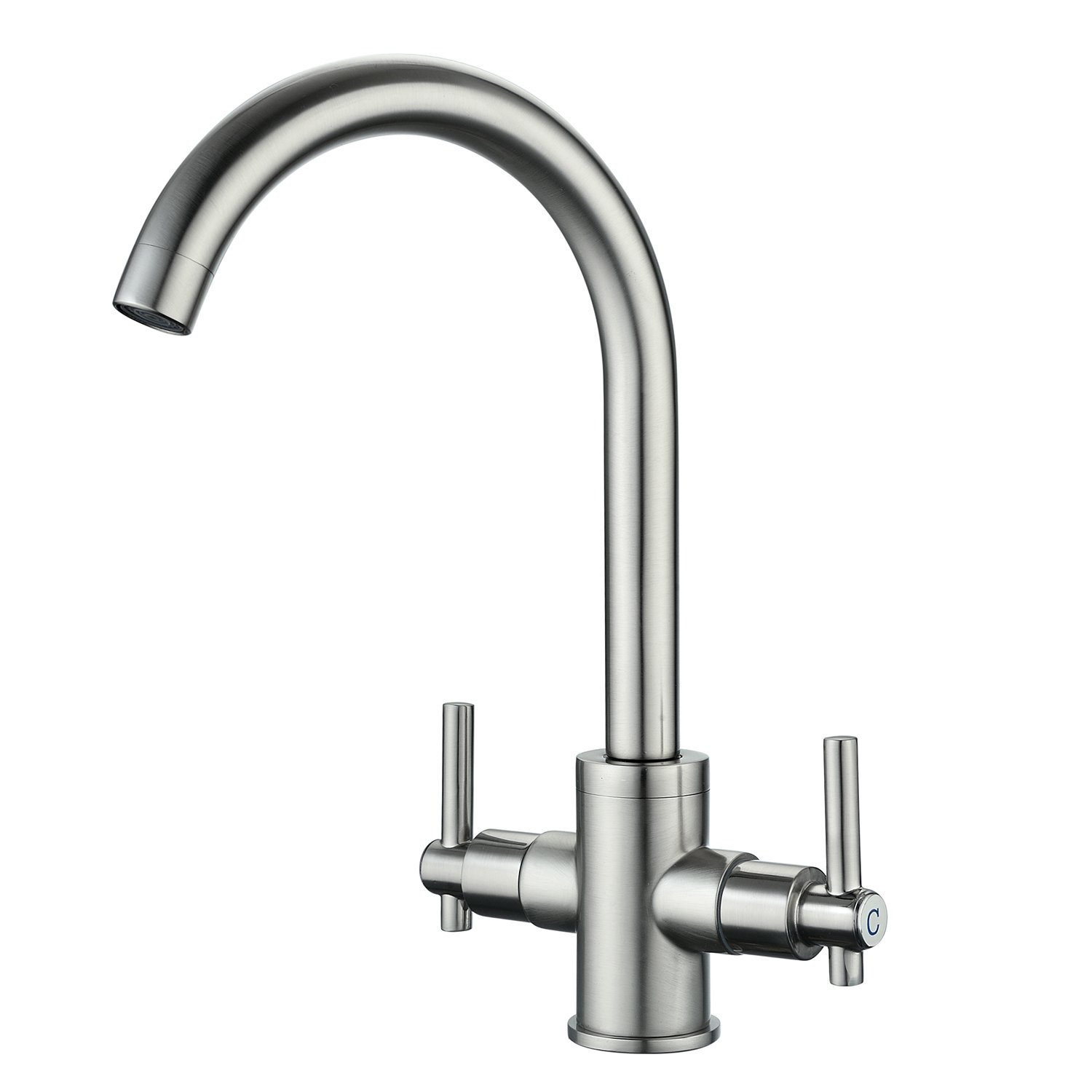 Brushed Kitchen Sink Taps Mixers Traditional Dual Lever Monobloc 360 Swivel Spout Stainless Steel Kitchen Mixer Taps 1 Hole Brushed Nickel Sink Faucet Hot Cold Mixer