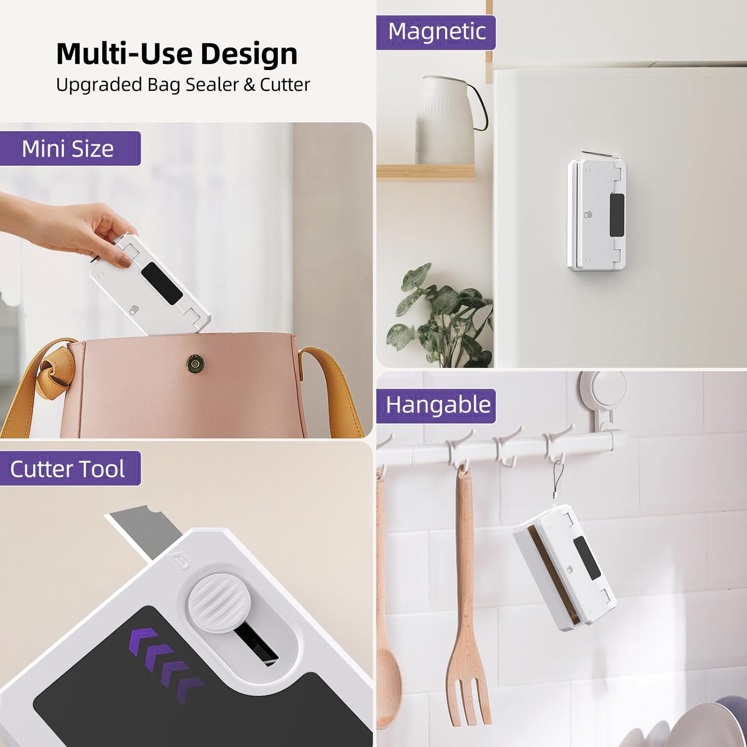Mini scelleuse Thermique Portable Rechargeable avec Cutter, Bande chauffante de 9,7 cm et 5 Modes de scellage, idéale pour refermer Les sachets de Snacks, Chips et Plastiques. (White)