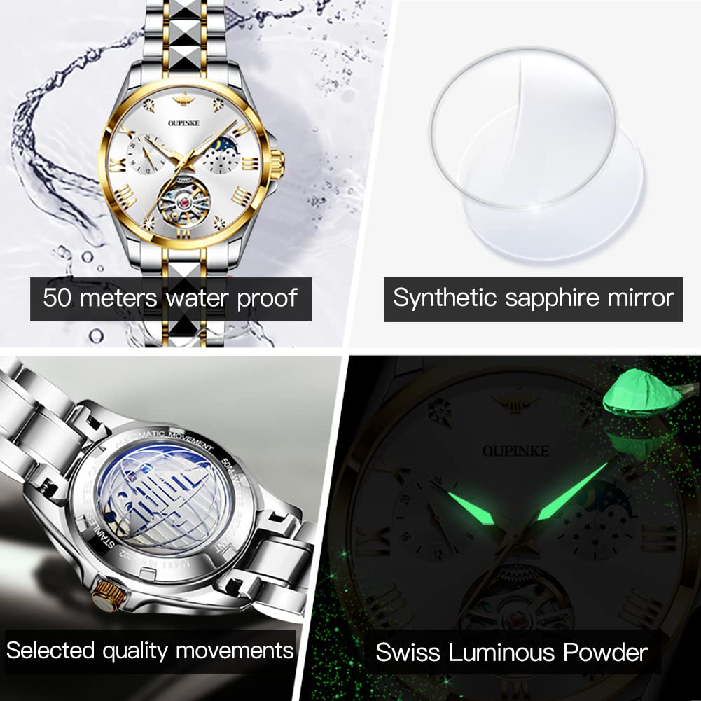 OUPINKE Womens Watches Automatic Luxury Rose Gold Watches Mechanical Moon Phase Tungsten Steel Crystal Skeleton Waterproof Luminous Women Watch