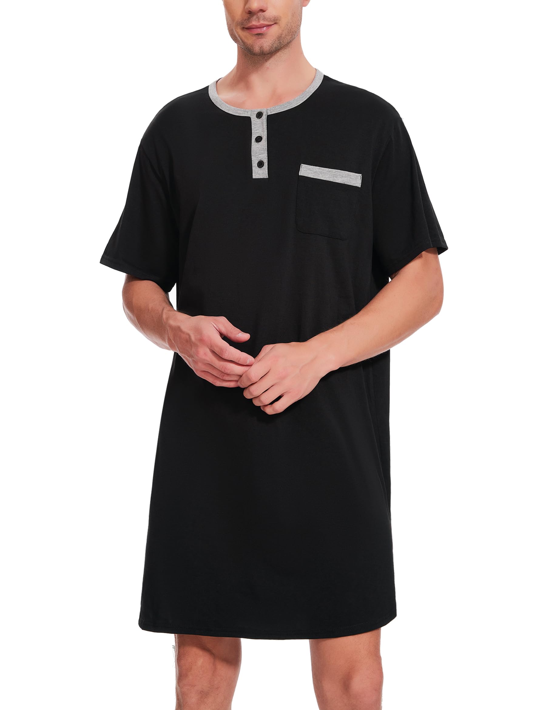 Uniexcosm Nachthemd Herren Kurzarm Schlafshirt Rundhals Einteiliger Schlafanzugoberteile Pyjama Tops Bequem Nachtwäsche Sleepshirt mit Knopfleiste und Brusttasche
