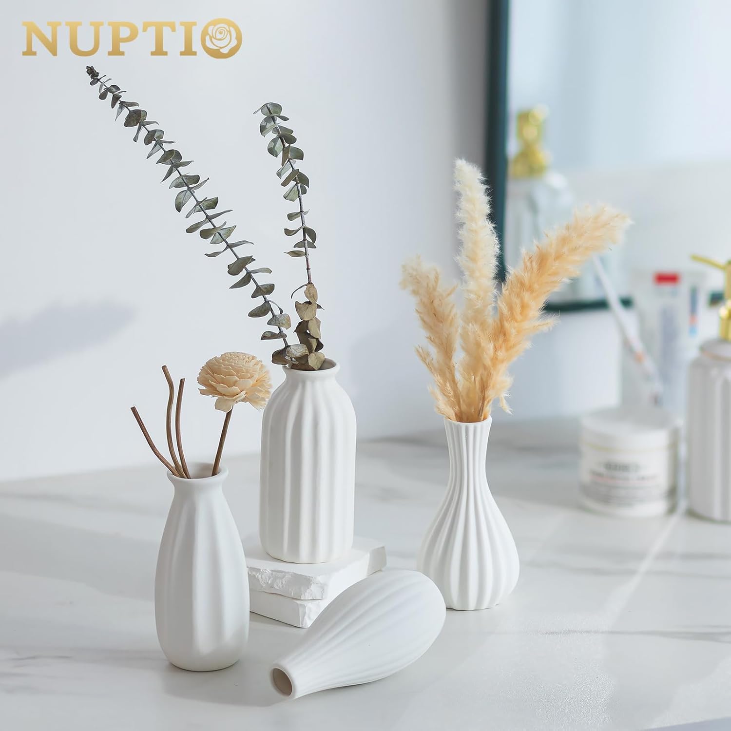 White Ceramic Vase for Table Decor: NUPTIO Small Bud Vases for Flowers - Set of 12 Centerpiece Table Decorations for Wedding Dining Room Christmas Home