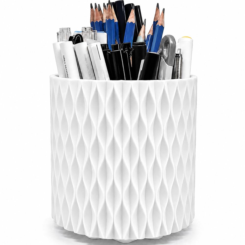 Lebenrich Rotating Pen Holder for Desk, 5 Slots Easthetic Pencil holder Desk Organizer Supplies and Accessories for Women Girls, Pencil Cup for Office Home Art Supply, White-image-2