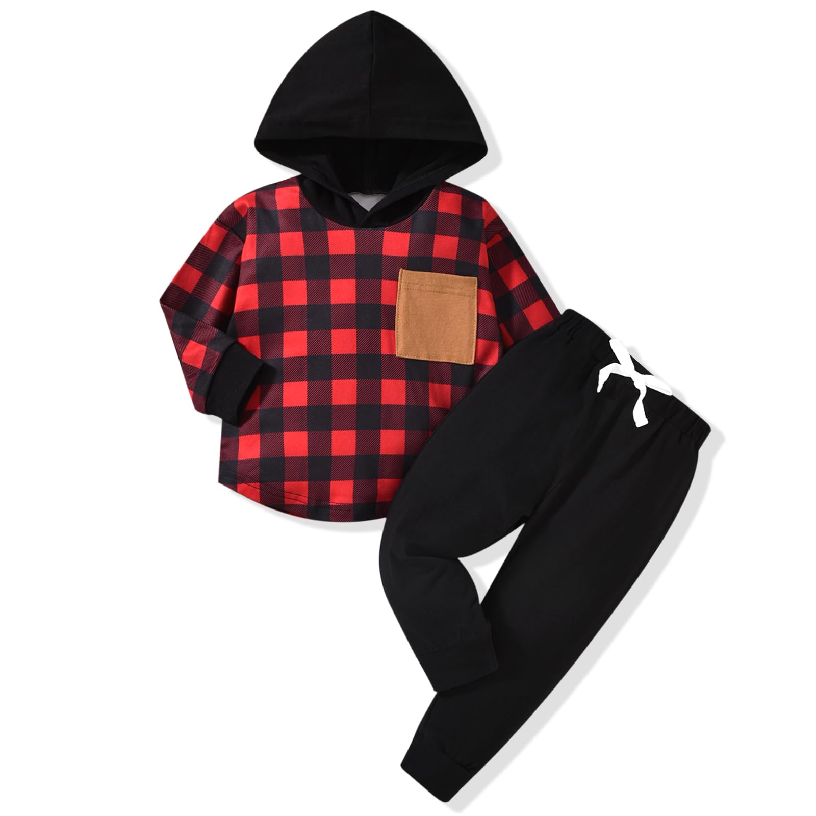 HINTINA Toddler Little Boy Plaid Sweatsuit Outfits Long Sleeve Hooded Sweatshirt Hoodie Fall Winter Clothes Clothing Set