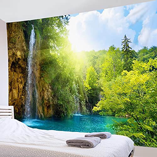 LB 自然風景タペストリー 森の滝 太陽と瀑布 おしゃれ 壁掛け インテリア モダン 風景画 ファブリック装飾品 多機能 壁 窓 個性プレゼント 布製 グリーン (150ｘ100cm)