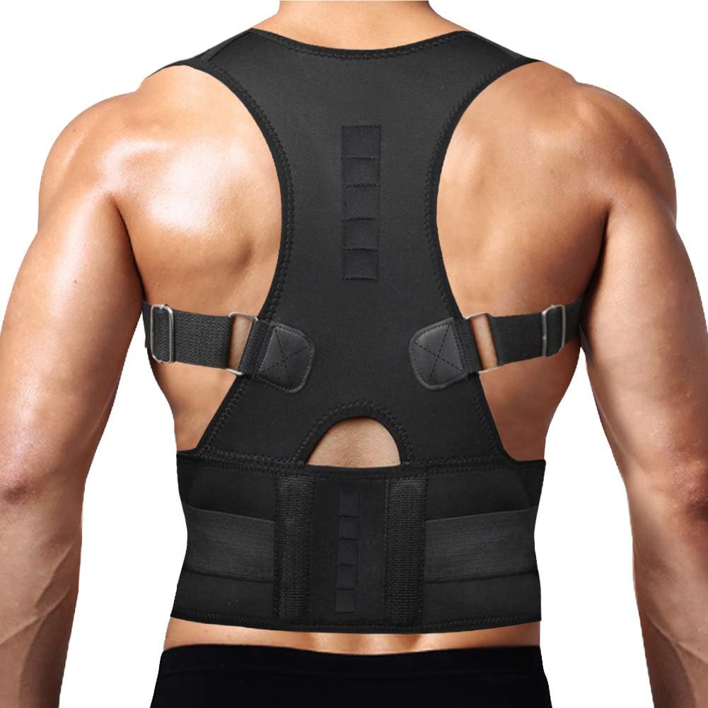Thoracic Back Brace Posture Corrector - Magnetic Support for Neck Shoulder Upper and Lower Back Pain Relief - Perfect Posture Brace for Cervical Lumbar Spine - Fully Adjustable Belt (Black, X-Large)