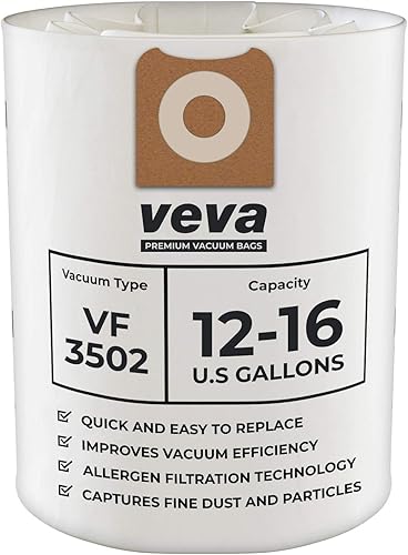 VEVA Paquete de 10 bolsas de vacío SuperVac de alta calidad VF3502 compatibles con aspiradoras Ridgid de 12 a 16 galones para húmedo/seco