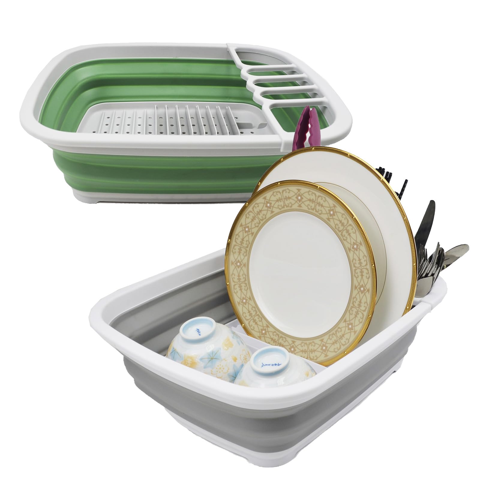 SAMMART 8L Collapsible Plastic Dish Drainer-Foldable Drying Rack-Portable Dinnerware Organizer-Space Saving Kitchen Storage Tray. (Grey+Dark Sea Green (Set of 2))