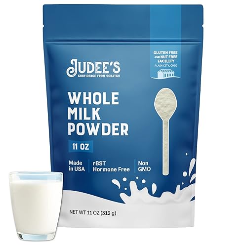 Judees Pure Leche entera en polvo de 11 onzas 100 sin OMG rBST sin hormonas sin gluten y sin frutos secos grapa de despensa lista para hornear ideal