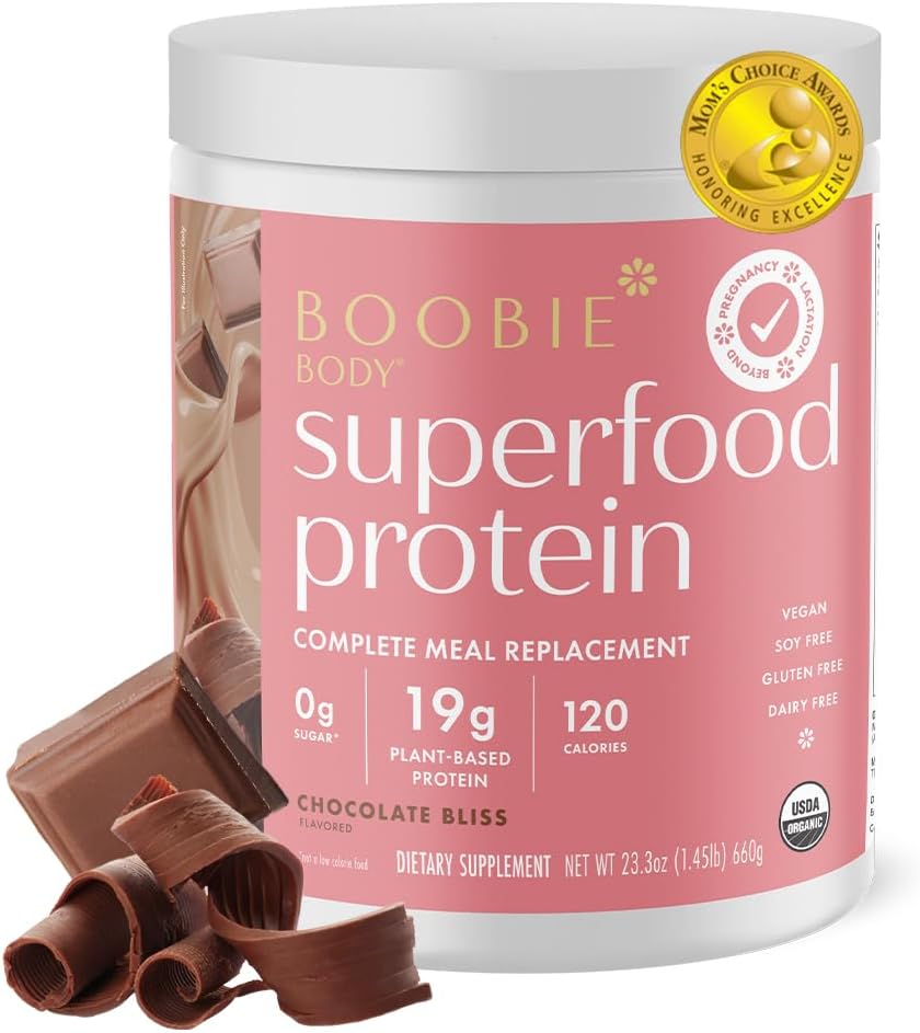 Boobie Body Superfood Protein Pregnancy and Postpartum Meal Replacement Shake, Chocolate Bliss Flavor | 19g Protein | Safe for Lactation & Motherhood | Organic, Vegan, Zero Sugar, 1 Tub (20 Servings)