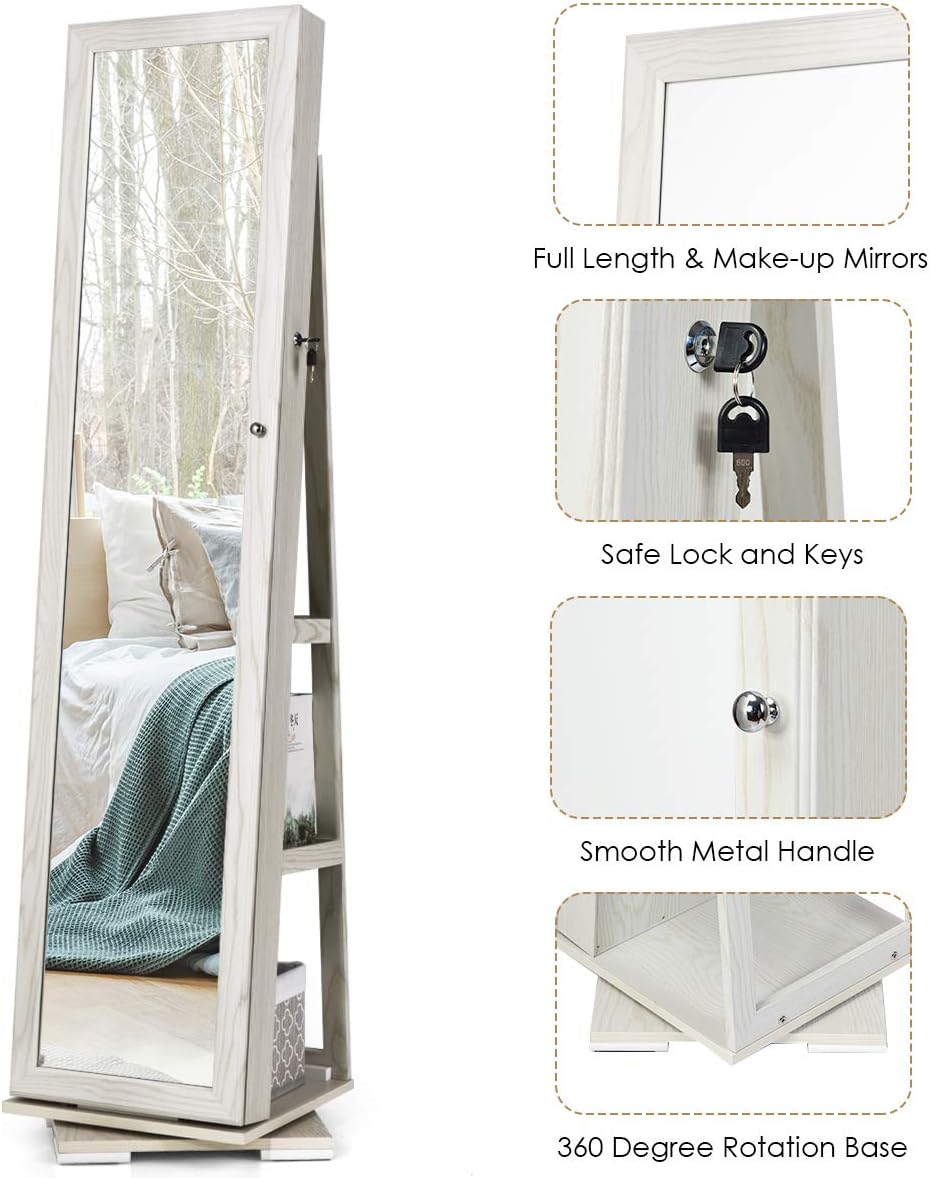 CHARMAID 360° Rotating Jewelry Armoire with Higher Full Length Mirror, Standing Lockable Jewelry Cabinet Organizer with Large Storage Capacity, Inside Makeup Mirror, Rear Storage Shelves (White) : Clothing, Shoes & Jewelry