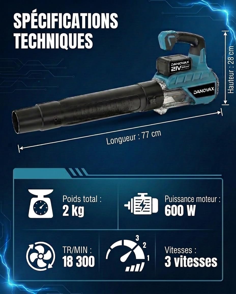 Souffleur Batterie - 2 Batteries 4 Ah Incluses - Moteur Brushless - 3 Vitesses - Grande Puissance de soufflage jusqu'à 260 km/h - Chargeur avec Base - Sac de Transport et Gants Inclus