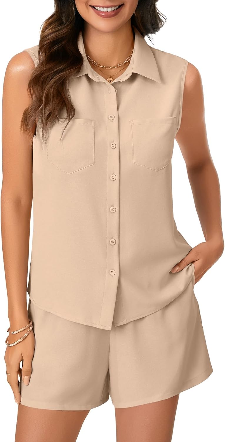 Umenlele Women's Button Down Two Piece Short Sets Collar Neck Top and Drawstring Shorts Outfits with Pockets - Image 2
