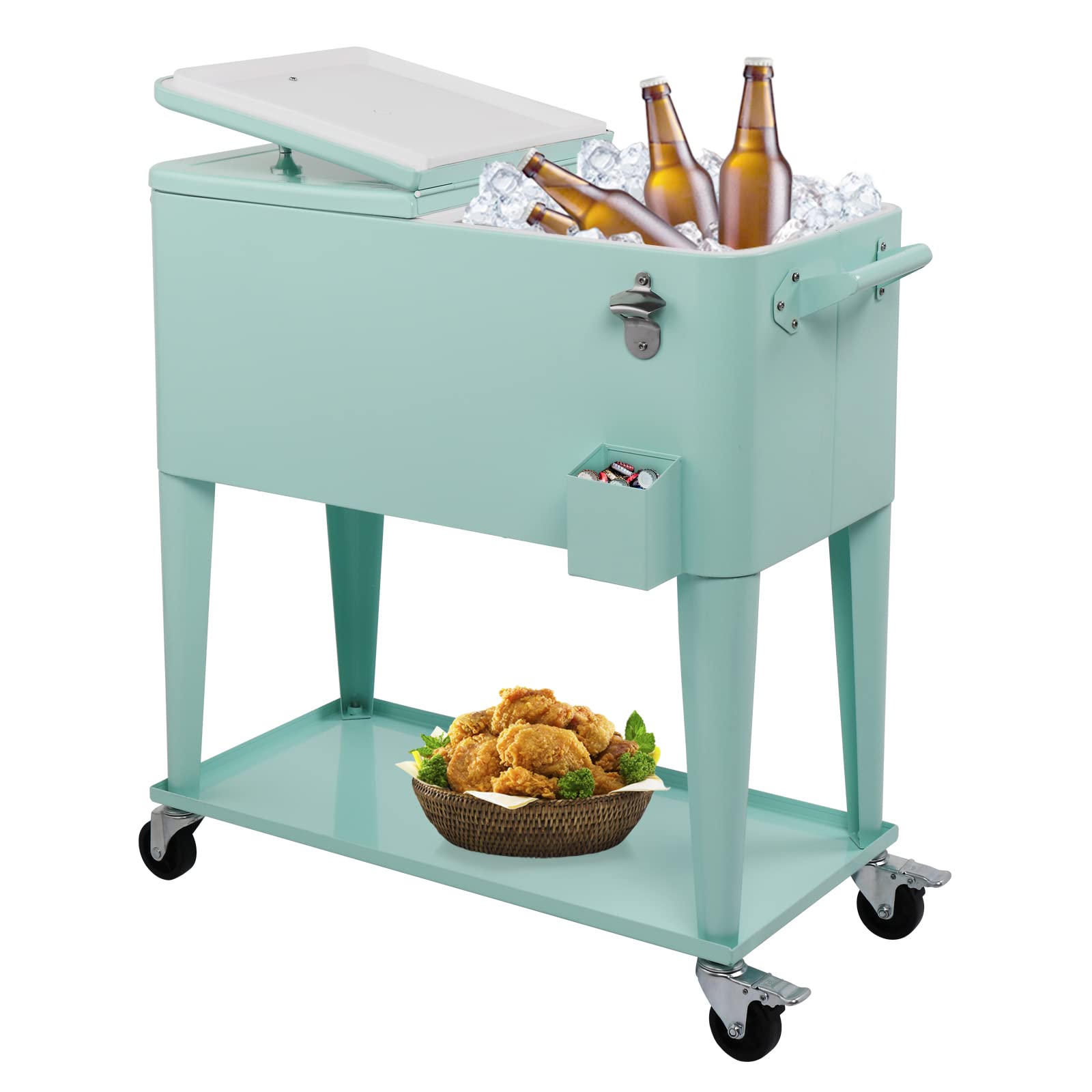 Bonnlo Large Capacity Beverage Cooler Cart, Mobile Bar Cart with Shelf, Drinks Bucket on Wheels, Insulated Ice Chest for Barbeque, 80-Quart, Mint Green