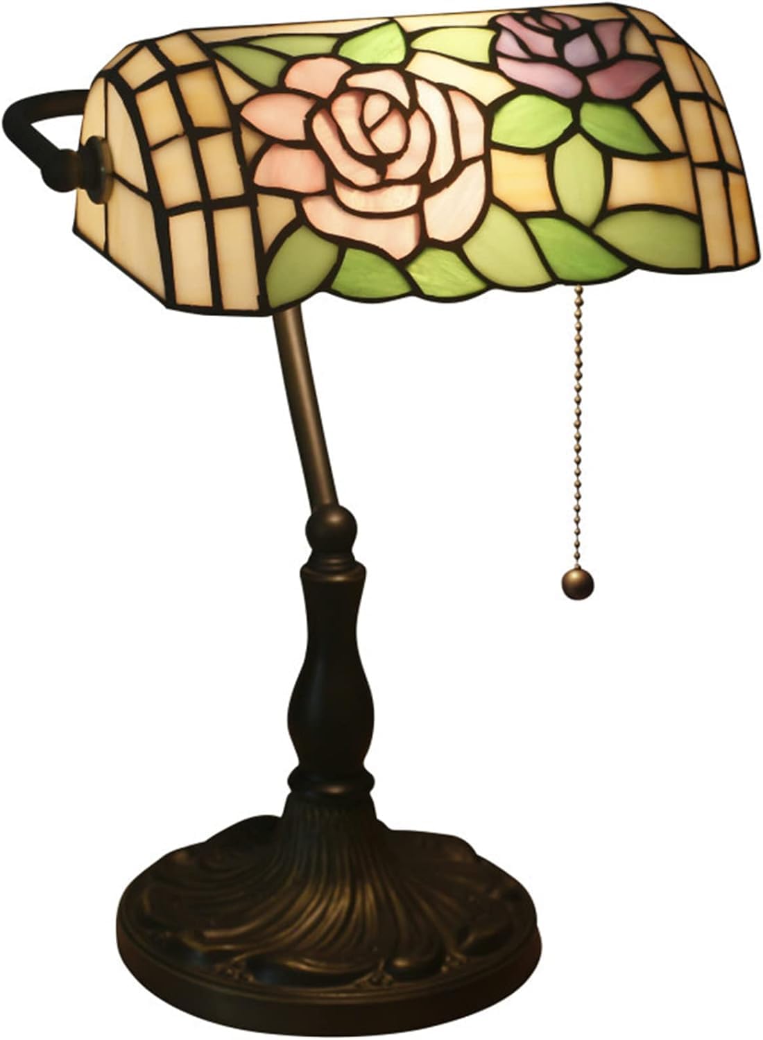 Lampa bankierska Lampa na biurko w stylu Tiffany'ego Czerwona różowa róża Koliber Witraż Lampa stołowa 15 "wysoka luksusowa regulowana lampa fortepianowa dla kochanka Dziewczyna Pani Salon Sypialnia,