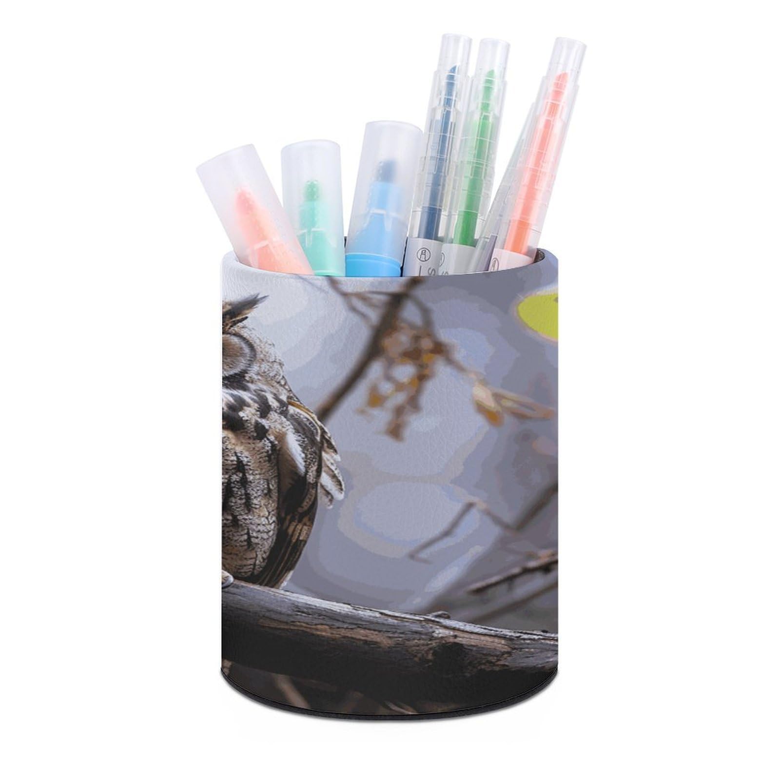 LDGSUPH Owl on A Branch Round Pen Holder Leather Pen Cup Pencil Cup Pen Organizer Pencil Holder for Desk Organizer Pencil Organizers Makeup Brush Holders for Home Office Gift