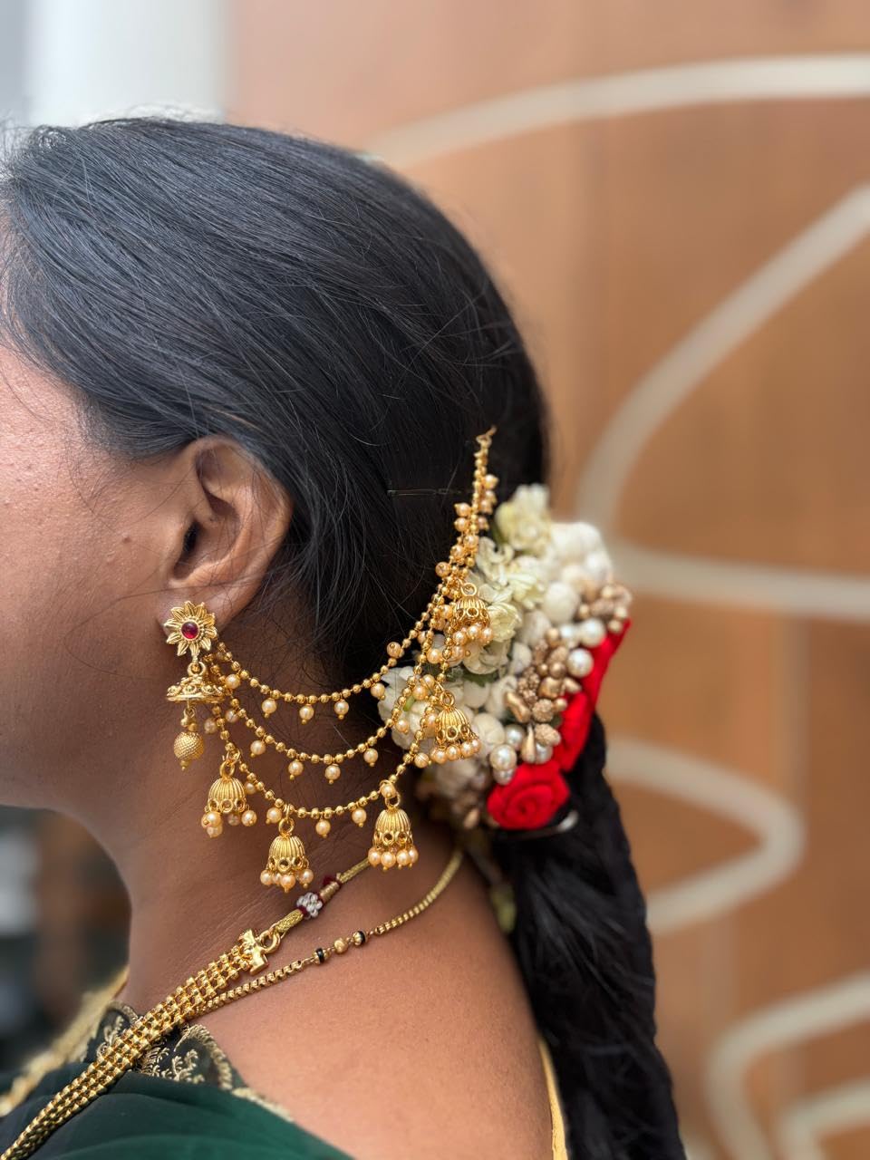 Bindhani Gold Plated Bahubali Earrings Hair Chain With Small Dangling Jhumki Crafted By Indian For Women