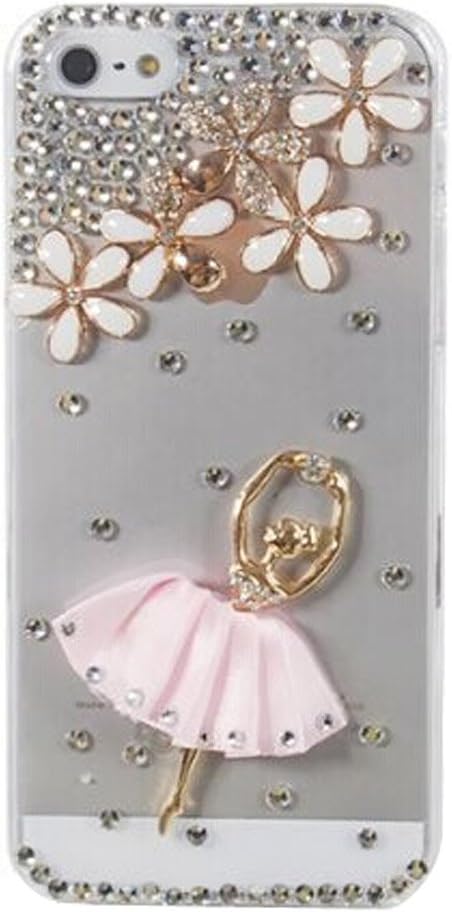 Leegoal Bling Clear Handmade 3D Flower & Pink Skirt Girl Crystal Diamond Rhinestone Skin Case Cover For iPhone 5 5g