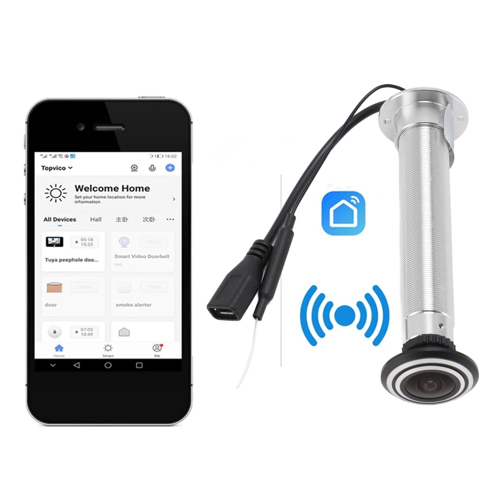 Telecamera Spioncino per Porta, Telecamera IP 1080P Full HD per Occhiello per Porta 5G Dual Band WiFi APP Controllo 2MP 1.6mm Spioncino per Porta con Conversazione (Spina europea)