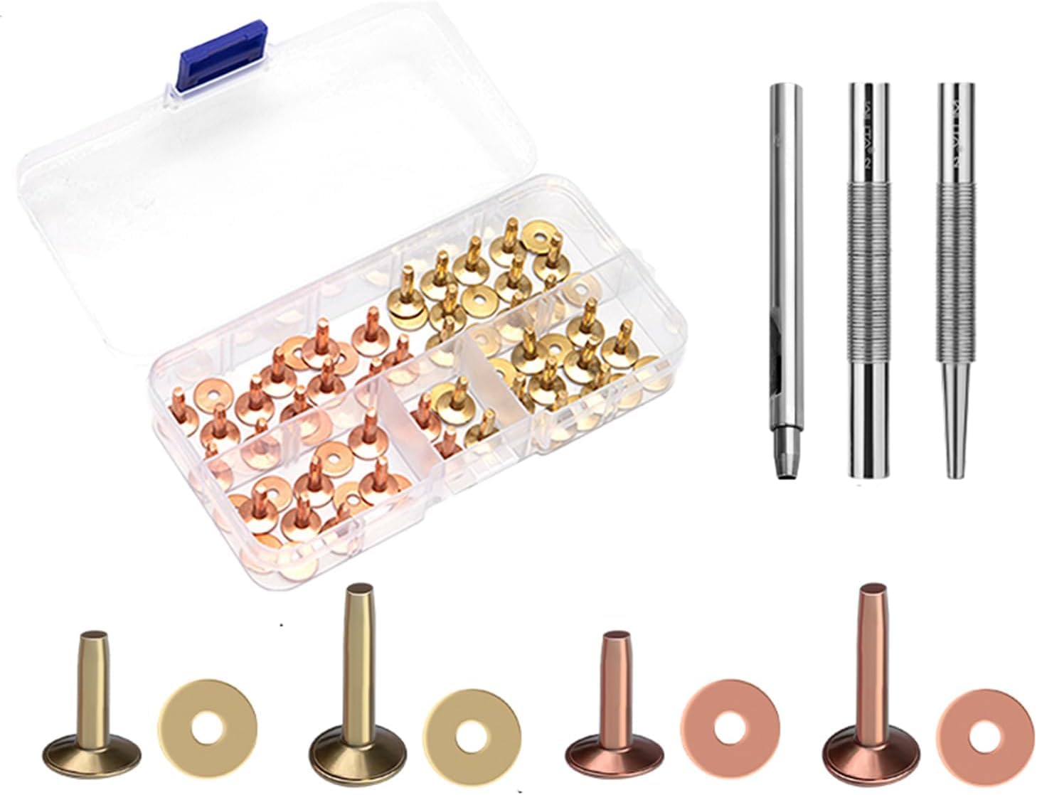 WUTA 40 Stück Kupfernieten Set, Reines Kupfer Nieten Set Rostsichere Ledernieten Set für Gürtel Geldbörsen Halsbänder Leder DIY Craft Supplies(Messing + Violett-Kupfer 4 Größen