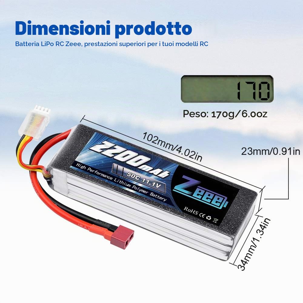 Zeee 3S Lipo Batteria 11,1V 50C 2200mAh Batteria RC con T Spina (2 pezzi)