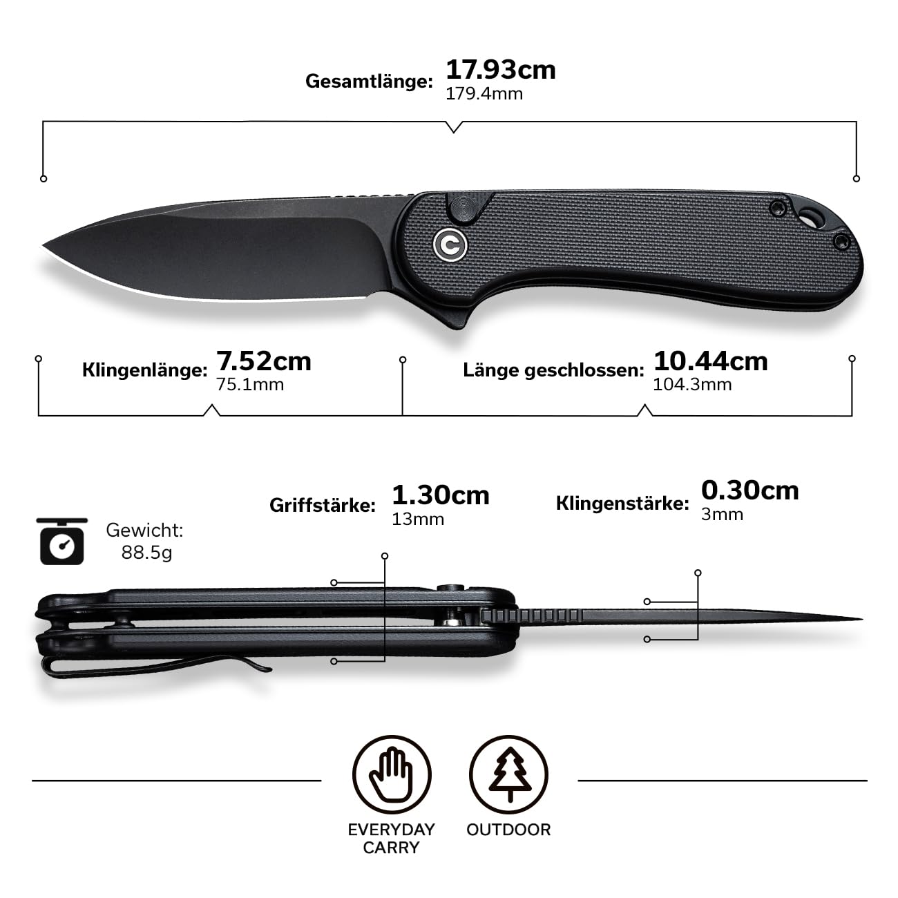 CIVIVI Elementum II Folding Pocket Knife with 7.51CM Nitro-V Blade & Black G-10 Handle, Outdoor Knife with Clip