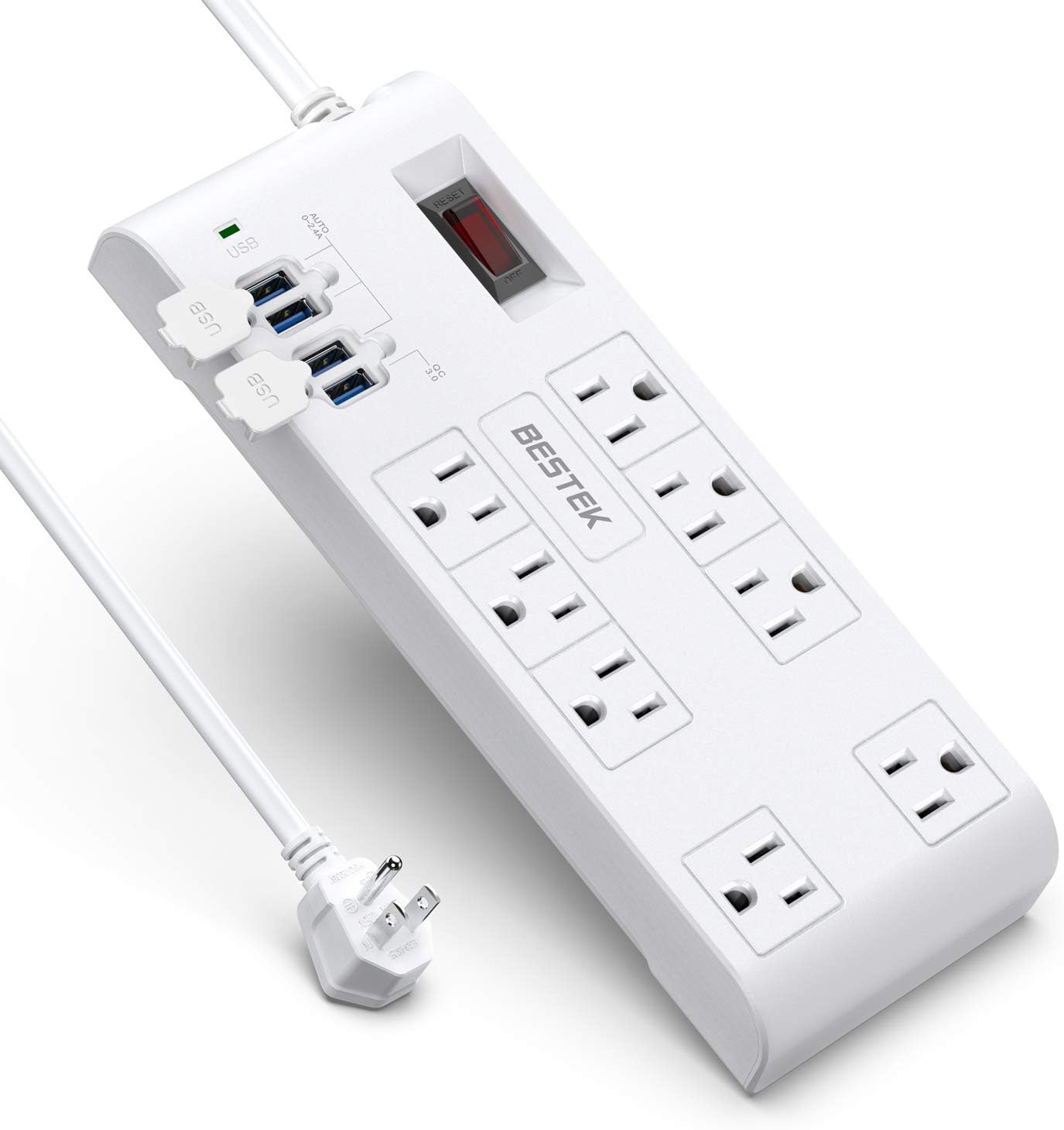 6 ft, Upgraded : Power Strip Surge Protector with USB by BESTEK, Multi Plug Outlet with 8-Outlet 4 USB Charging Ports (QC3.0) and 6-Foot Long Flat Plug Extension Cord, 900 Joule, ETL Listed