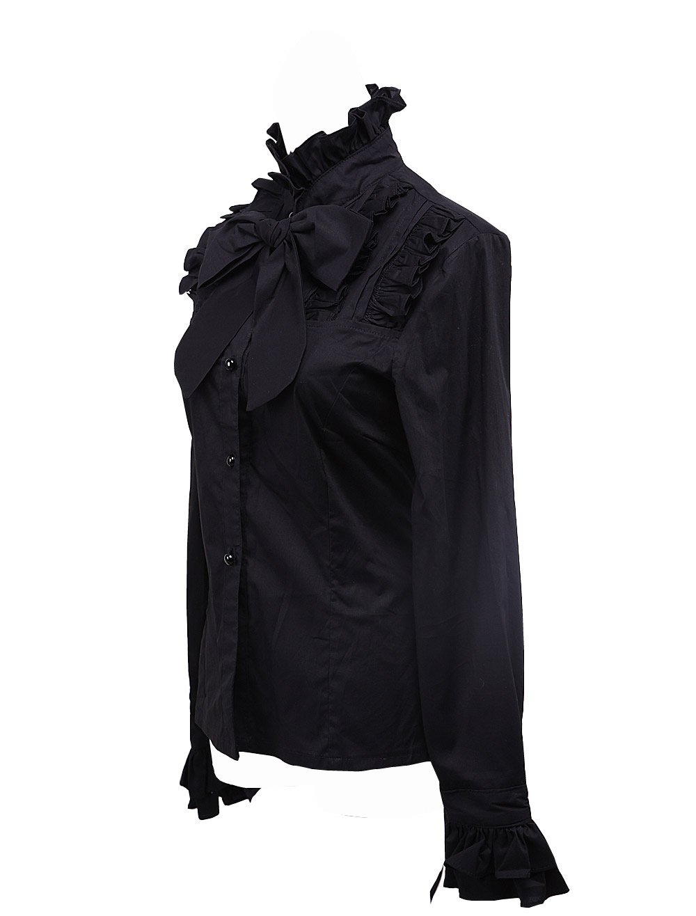 an*tai*na* Camicia Tradizionale Lolita con Colletto rialzato in Cotone Nero con Arricciatura in Pizzo e Fiocco