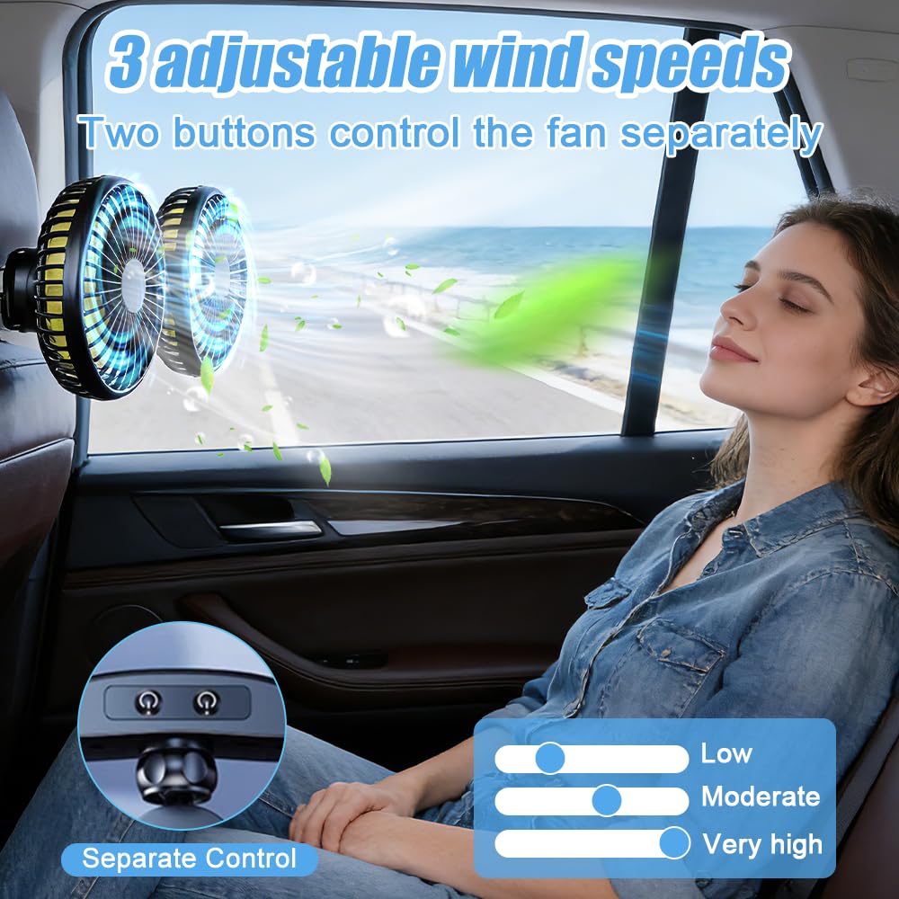 Mineup Ventilatore Per Auto Doppia Testa, Ventilatore USB Per Auto Per Sedile Posteriore, Ventilator 360° Ruotabile Portatile, 3 Velocità, Controllo Separato, Ricaricabile, Per Camion Furgone SUV RV