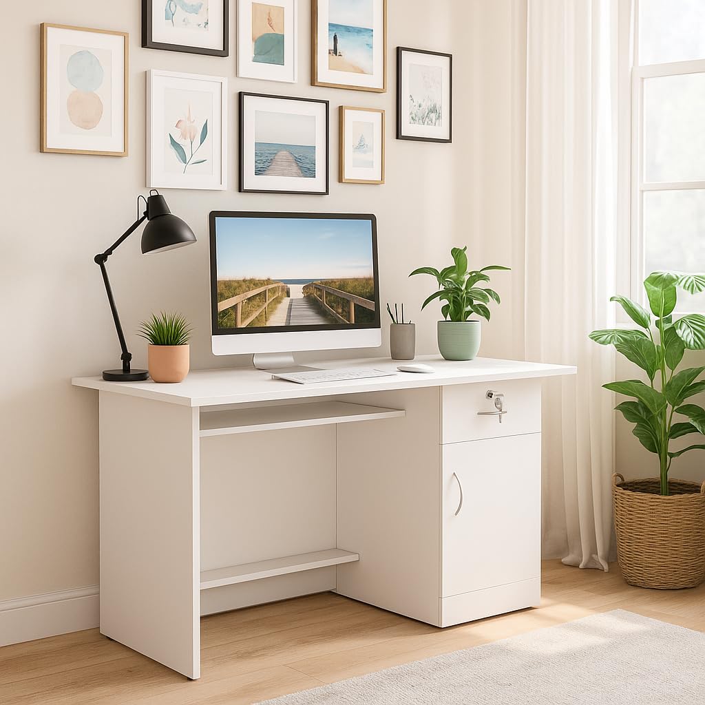 Nityam Computer Table for Home pc Storage Keyboard Tray with Drawer | Office Desk | Study Table for Home (Color-White)-image-31
