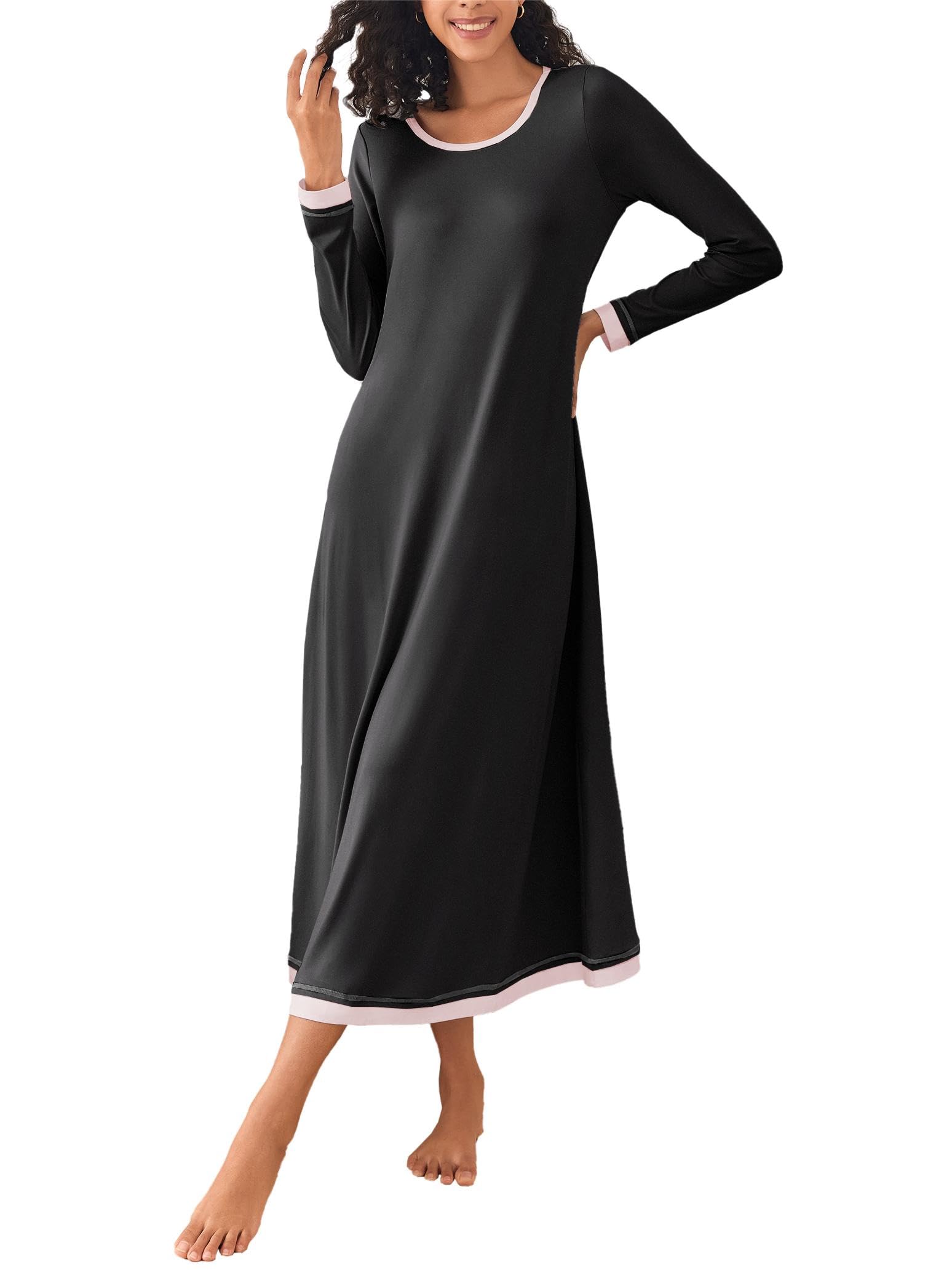Ekouaer Camicia da Notte Donna Manica Lunga Girocollo Lungo da Notte Invernale Pigiama Comodo Ampio Sexy Camicie Tinta Unita Abbigliamentoda Casa S-XXL