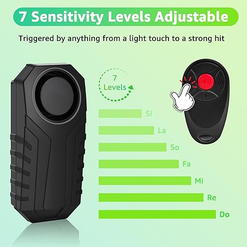 Miniatura 22 de Juego de 2 alarmas inalámbricas para bicicleta con control remoto, alarma antirrobo, alarma inalámbrica con sensor de movimiento, alarma impermeable