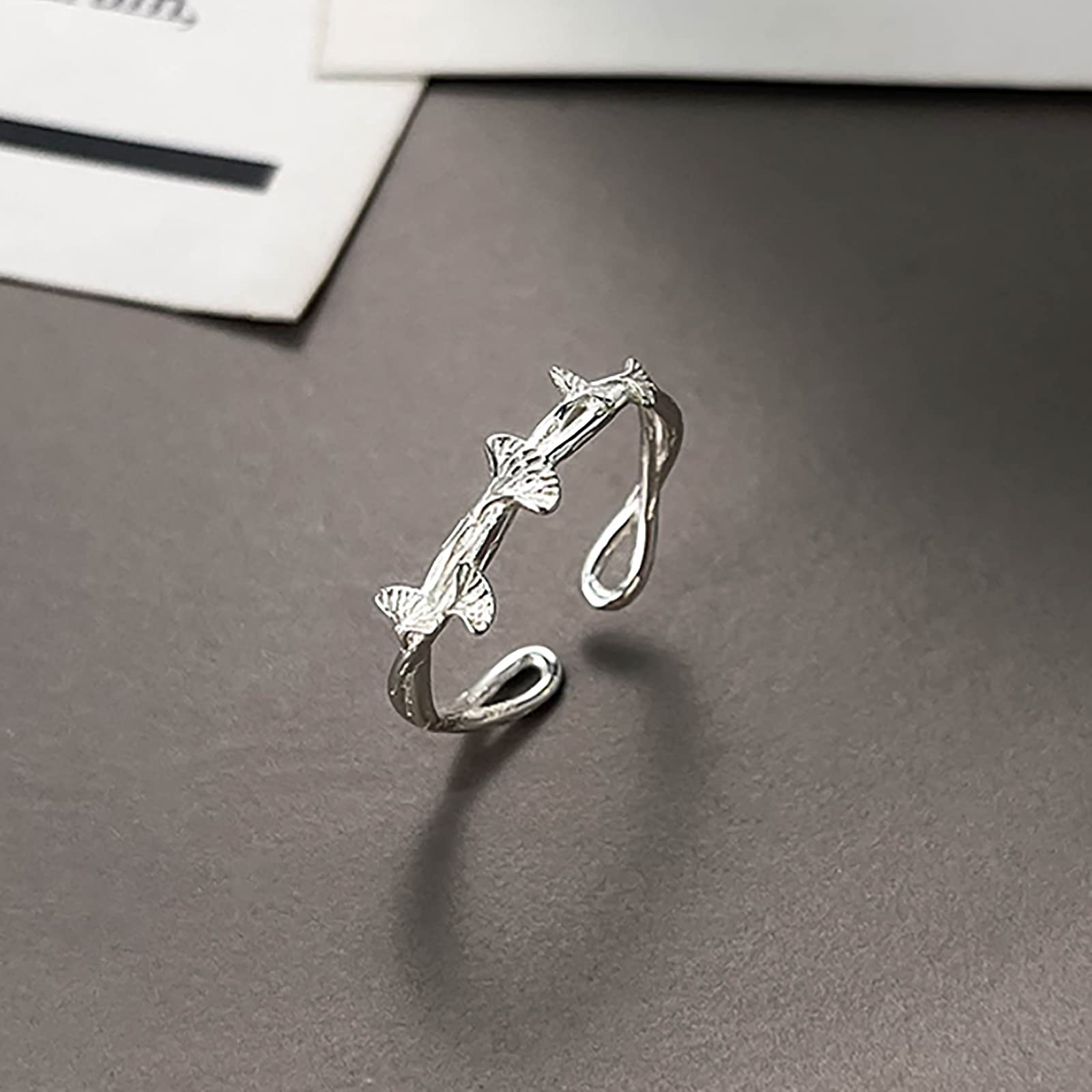 Feng Shui， 925 sterling pierścionek z ginkgo biloba moda liść delikatny pierścionek z cierniami regulowany pierścień otwierający biżuteria prezenty dla kobiet,