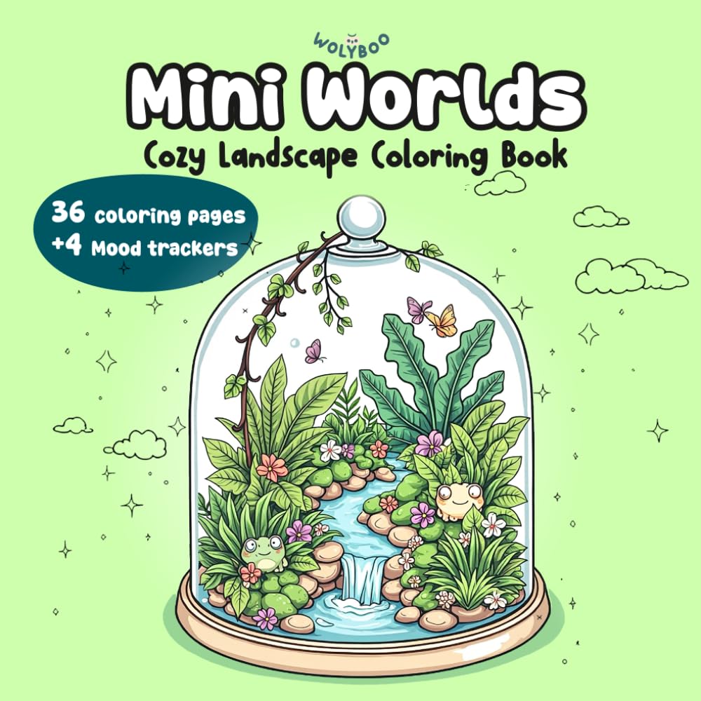 Mini Worlds: Cozy Landscape Coloring Books for Adults Relaxation – Stress Relief: 36 Cute Cozy Scenes, Art Therapy Coloring & 4 Mood Trackers