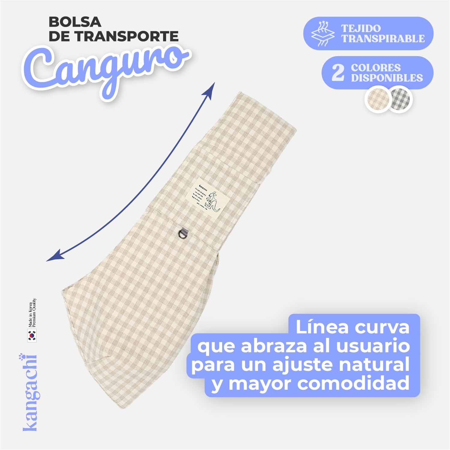 Its Dog & Kangachi - Bolsa Canguro Algodón para Perros Pequeños, Bandolera para Perro, Bolso Hombro, Acolchado de Hombro de 10 mm, Correa de Seguridad, Made in Korea, Beige Cuadros