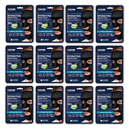 ORIGINAL DERMA BEAUTY ODB for MEN Charcoal Essence Sheet Mask 12 PK Hydrating Aloe Mens Skin Care Sheet Masks for Face Mens Skin Care Kit bulk face masks skincare (Hydrating (12pk) – XL Size)